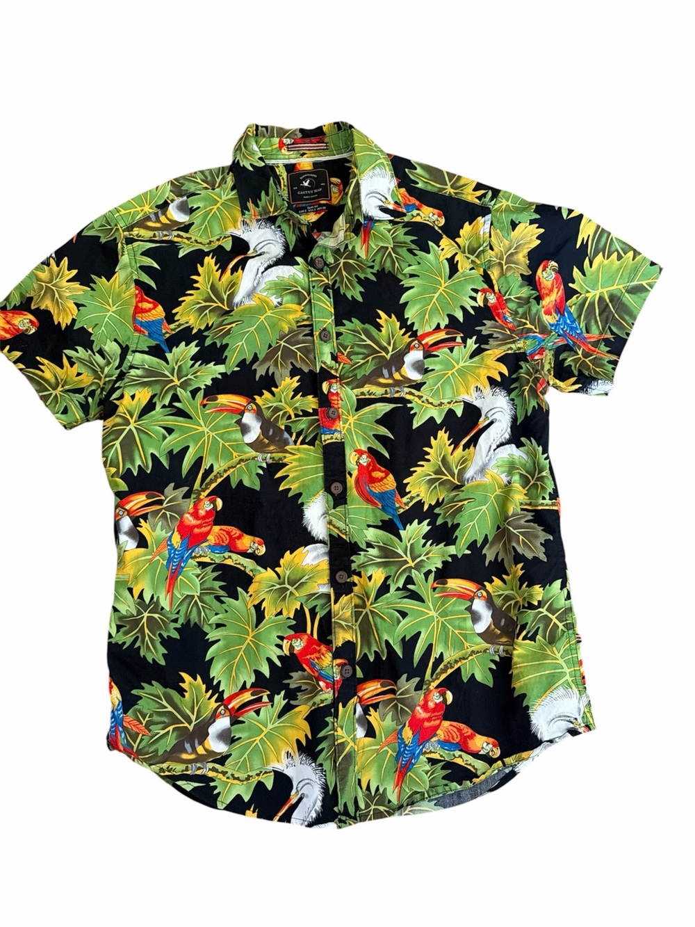 Tropical Toucan & Parrot Print Short Sleeve Party Vacation Shirt Men’s Small